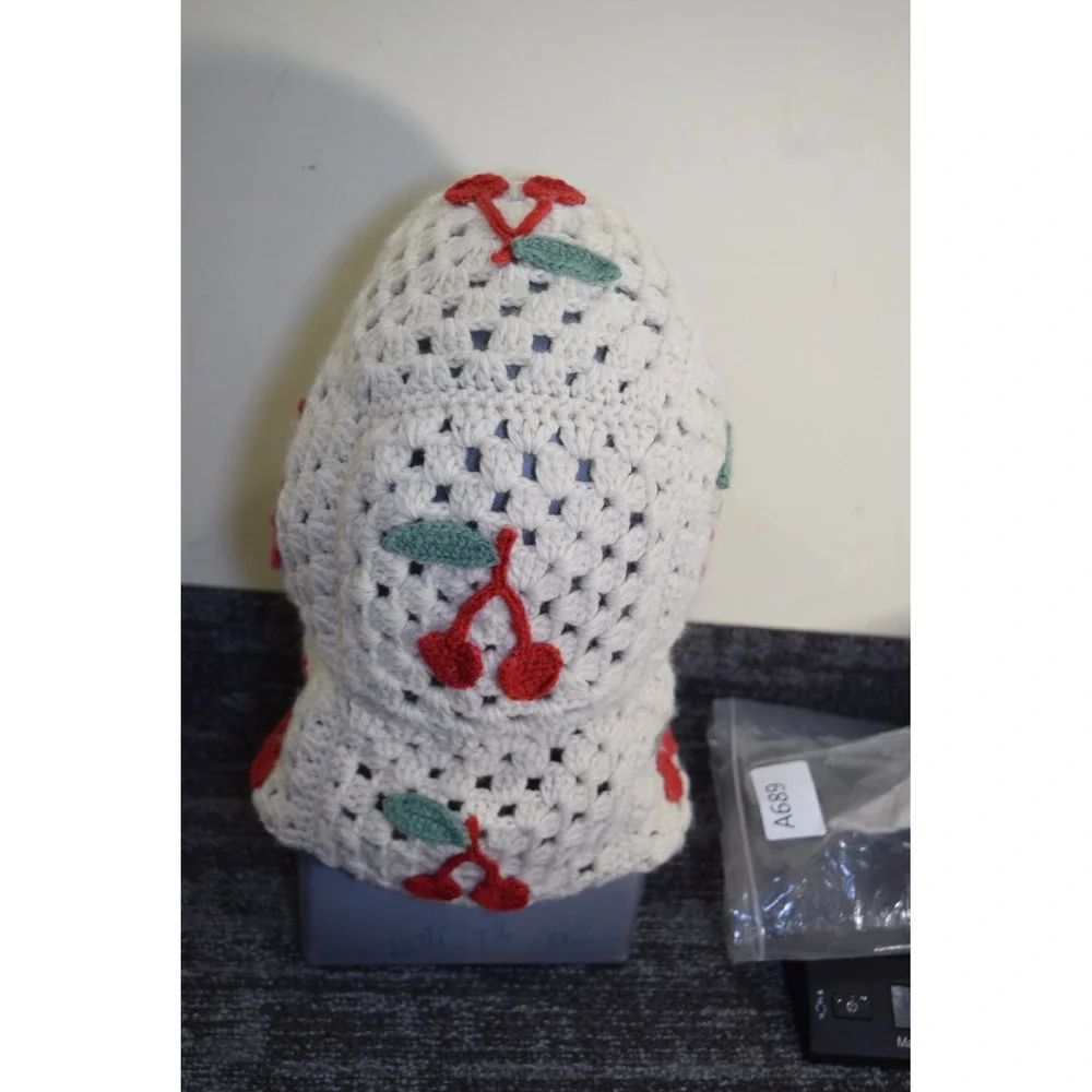 Urban Outfitters Cherry Crochet Balaclava Creme Off-White Granny Square Hood NEW